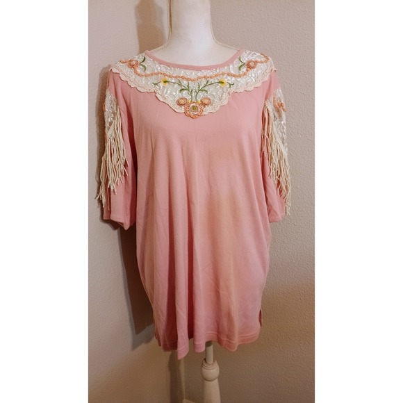 Vintage Lacy Afternoon Pink beaded Embroidered Floral Fringe Top Women's large - Picture 3 of 11